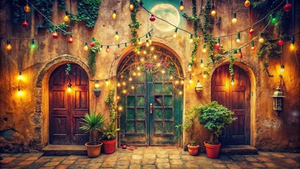 Obraz premium Vintage Playful Doorways: Crescent Moon & Garland Archways