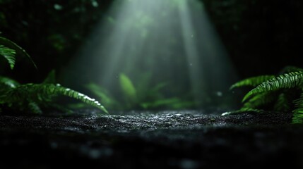 Lush, dimly lit jungle floor bathed in sunlight.  Intricate fern foliage surrounds a dark, damp earth