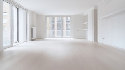 Fototapeta premium Empty Room Large Windows Minimalist Style Brightly Lit Wide Angle View Modern Design Spacious Interior Ready for Renovation Clean White Tones Ideal for Real Estate Listings