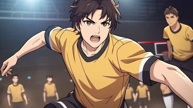 Intense anime style volleyball match featu determined young athletes in yellow jerseys competing passionately in a competitive sports setting
