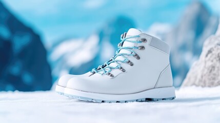 Stylish white winter boots on snow