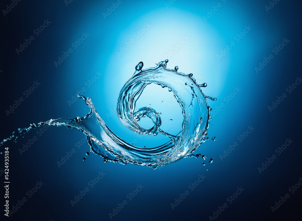 Poster An image of water in a spiral shape against a vibrant blue background, capturing the movement and splash with its fluidity. Hints of water are visible.