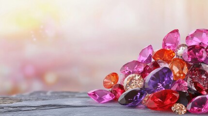 A vibrant collection of various gemstones in shades of pink, orange, and purple is arranged artistically on a textured surface with gentle lighting