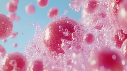 Pink spheres in vibrant liquid splash, surrounded by effervescent bubbles.