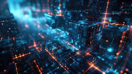 Fototapeta premium Explore a captivating abstract technology background featuring a three-dimensional design. This vibrant image combines blue and orange hues to create a dynamic visual experience, perfect for tech