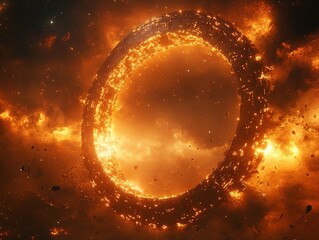 Ring-Shaped Space Station Rotating Against Crimson Gas Giant Planet. Futuristic Sci-Fi Scene with Dynamic Lighting for Interstellar Exploration Themes, Concept Art, Game Design, or Book Covers