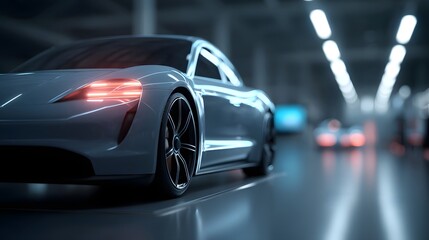 Futuristic sports car showroom with smart contract overlays for ownership and customization