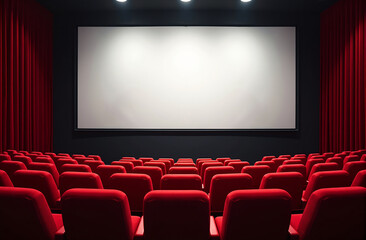 cinema auditorium with red velvet chairs and blank mockup screen ready for customization, Empty seats in  movie theater
