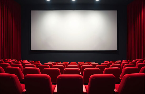 cinema auditorium with red velvet chairs and blank mockup screen ready for customization, Empty seats in  movie theater