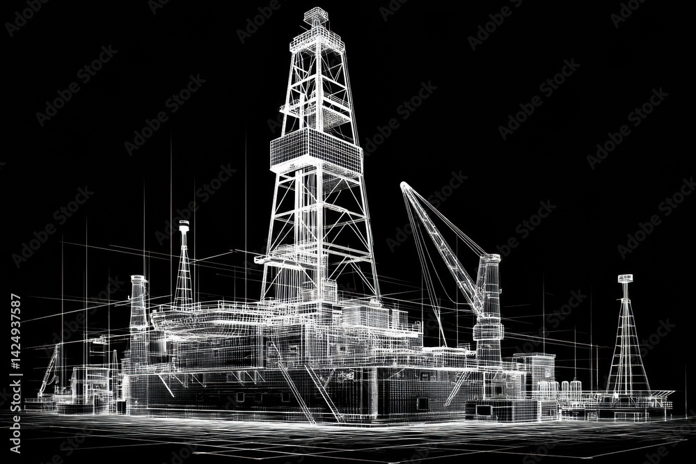 Poster 3D Wireframe Model of an Oil Rig Displayed Against a Black Backdrop Showcasing Structural Design and Engineering Elements in a Unique Perspective