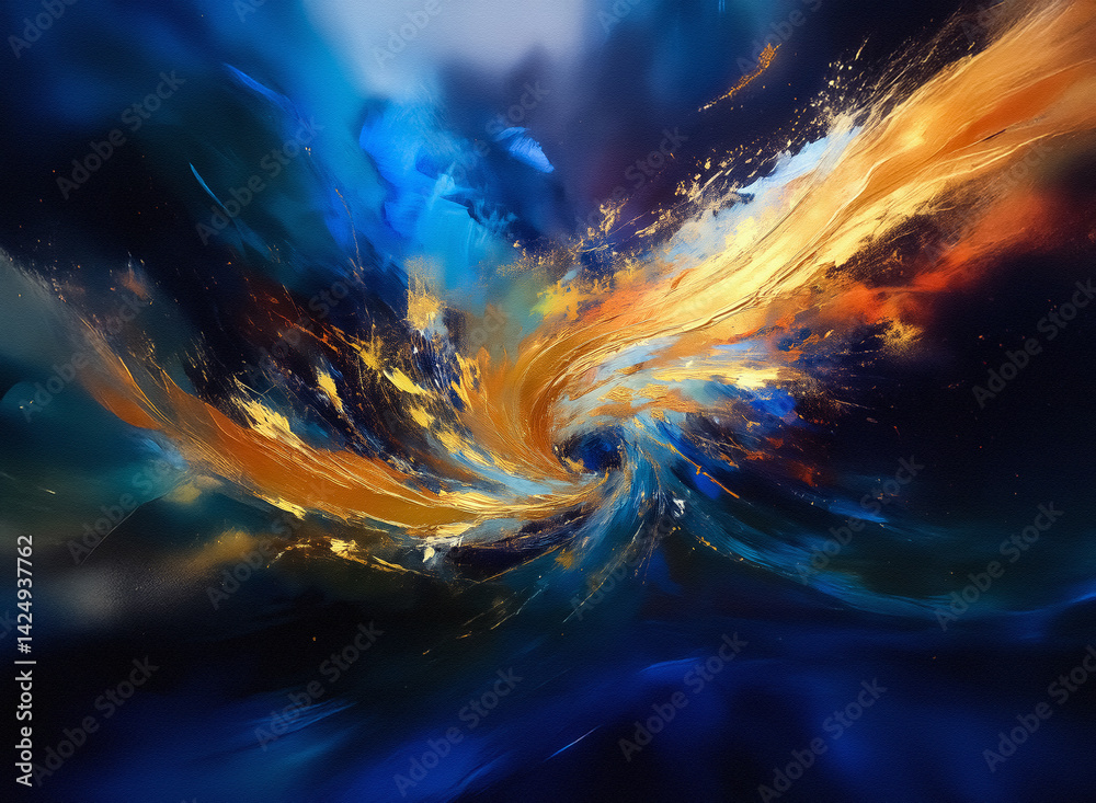 Poster A dramatic swirl of vibrant blues, golds, and oranges fills the space with energy. Hints of movement and light create a celestial, abstract composition. It's a dynamic visual.