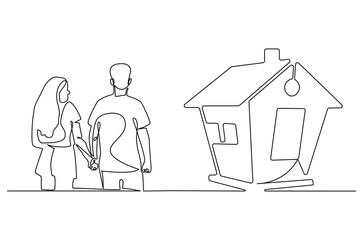Continuous one line drawing of couple's dream house. Single line drawing illustration of couple looking at the dream house. Real estate concept vector art. Doodle line illustration.