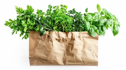 Fototapeta premium A fragrant bundle of fresh herbs—parsley, basil, and more—nestled in a rustic brown paper bag, ready for cooking, a simple yet vibrant still life.