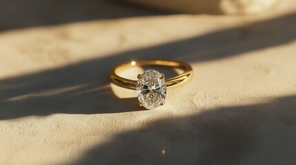 Elegant Oval Diamond Engagement Ring on Beige Surface