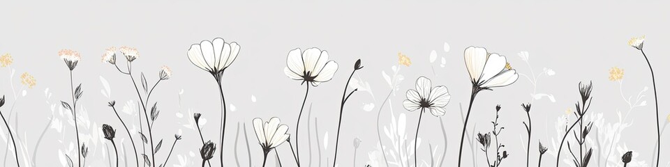 Delicate grayscale floral border design with minimalist white flowers and grey foliage.