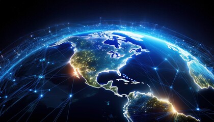 Glowing digital Earth at night, North and South America highlighted with city lights, connected by a network of light trails against a dark space background. The image uses a digital art style