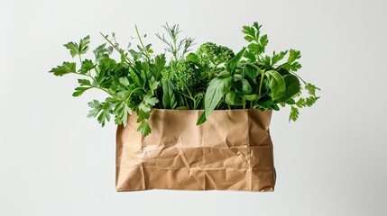A vibrant bunch of fresh herbs bursting from a rustic brown paper bag, a symbol of healthy eating and natural goodness against a clean white background.