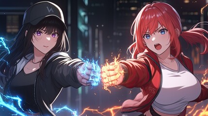 Dynamic anime style characters with glowing fists engaging in a fierce battle at night in a city street with bright lights and dramatic action scene