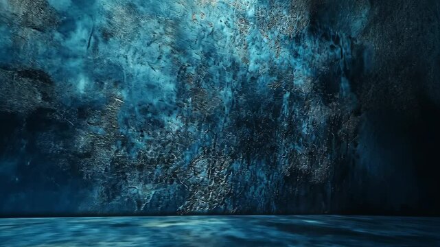Moody cavern interior with blue light casting shadows on rough stone walls