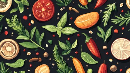 Colorful culinary pattern showcasing various fresh ingredients.