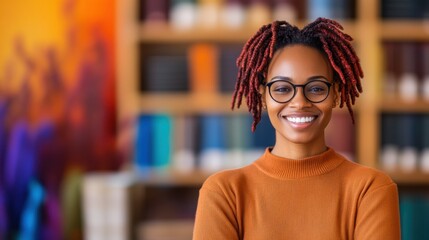 Fototapeta premium A joyful young woman with curly hair and glasses stands confidently in a library surrounded by shelves of colorful books