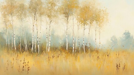 Obraz premium Tall birch trees with golden leaves rise in a peaceful landscape, surrounded by soft yellow grass and a light morning mist