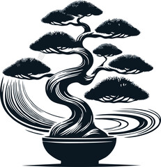 Abstract ginseng bonsai silhouette . Stylized Bonsai Tree with Dynamic Swirling Background, Black and White Vector Art