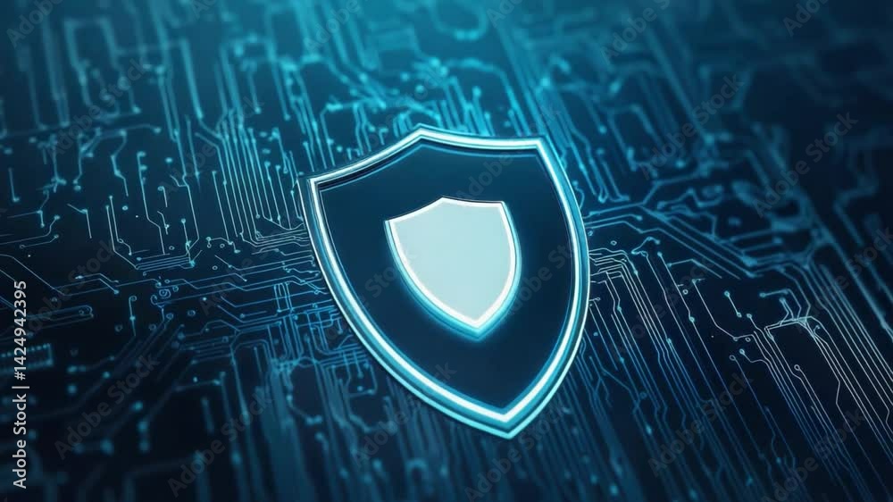Poster digital shield icon on cyber background with circuit pattern design