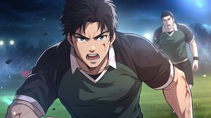 Intense animated soccer match featu passionate male players in action on a vibrant field under floodlights, emphasizing determination and teamwork in a dynamic game scene