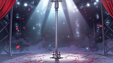 Empty stage with a vintage microphone stand under bright spotlight, surrounded by smoke and falling rose petals, perfect for comedy, singing, or performance events