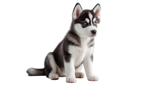 Siberian Husky puppy isolated on transparent background – realistic PNG of fluffy young dog standing, perfect for winter-themed designs, pet content, and educational projects
