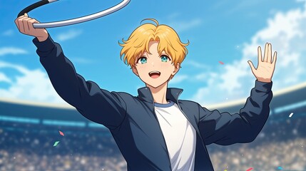 Young male character with blonde hair smiling and waving in an anime style outdoor stadium scene with a clear sky and vibrant colors