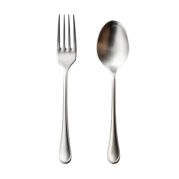 silver spoon and fork isolated on transparent background