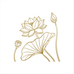 Minimalist Line Art Lotus Flower with Leaves – Elegant Botanical Illustration