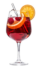 red cocktail with orange slice and raspberries on white background.