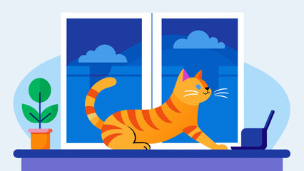 A meowing tabby cat stretches out lazily on a windowsill as an AI mood enhancer detects her need for stimulation and plays a loop of bird videos to. Vector illustration