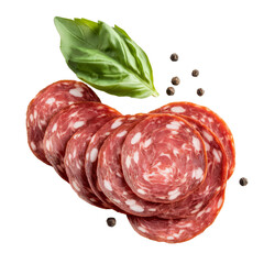 salami slices with basil and pepper on white background