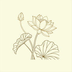 Minimalist Line Art Lotus Flower with Leaves – Elegant Botanical Illustration