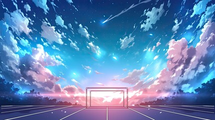 Vibrant cityscape at dusk with colorful sky filled with clouds and shooting stars, illuminated horizon, and artistic digital painting style of an outdoor sports field