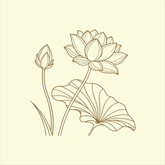 Minimalist Line Art Lotus Flower with Leaves – Elegant Botanical Illustration