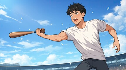 Young man with black hair wea white t-shirt playing baseball outdoors under bright blue sky with clouds, holding bat ready to swing du daytime sports activity