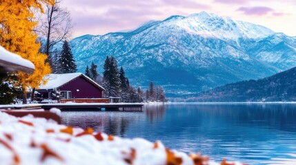 Fototapeta premium A serene lakeside view features a red cabin surrounded by snow-capped mountains and vibrant autumn leaves as the sun sets