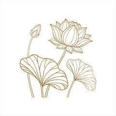 Minimalist Line Art Lotus Flower with Leaves – Elegant Botanical Illustration