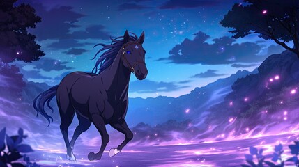 Mystical black horse running through a glowing enchanted forest at night under a starry sky with magical sparkles and lush trees creating a fantasy landscape scene