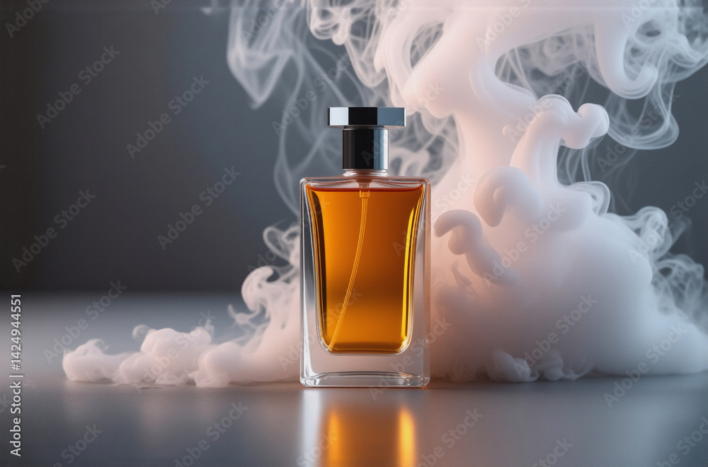 Poster amber perfume bottle, elegant and sleek design, sits on a reflective surface amidst swirling white s