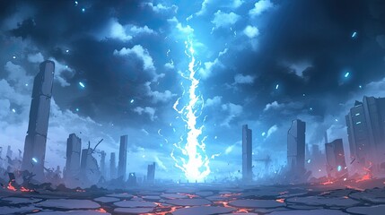 Dramatic lightning strike illuminating a futuristic cityscape du a thunderstorm with dark clouds towe overhead and glowing red lava cracks on the ground