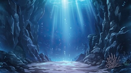 Underwater Cave Scene with Sunlight Filte Through Clear Water and Rocky Walls, Tranquil Ocean Depths with Light Rays and Bubbles in a Mystical Environment