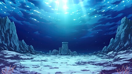 Underwater Landscape Scene with Coral Reef and Oceanic Features Featu Bright Blue Light Rays Penetrating Water Surface with Mountainous Terrain and Deep Sea Environment Illustration