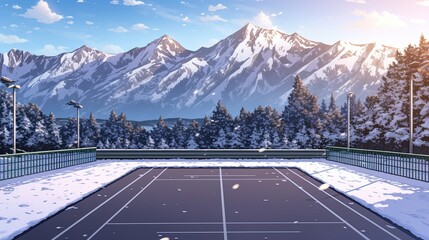 Scenic mountain landscape with snow-capped peaks and lush forest surrounding a tennis court on a clear sunny day with blue sky and distant horizon