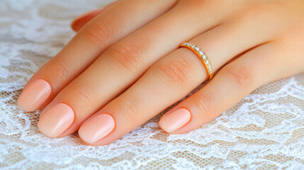 delicate hand with perfectly manicured nails showcases beautiful gold ring adorned with sparkling gemstones, resting on intricate lace fabric, evoking elegance and romance